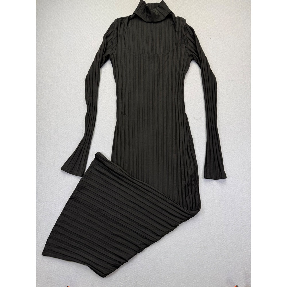 Reformation Black Ribbed Cutout Mock Neck Maxi Dress Size Medium M Long Slv